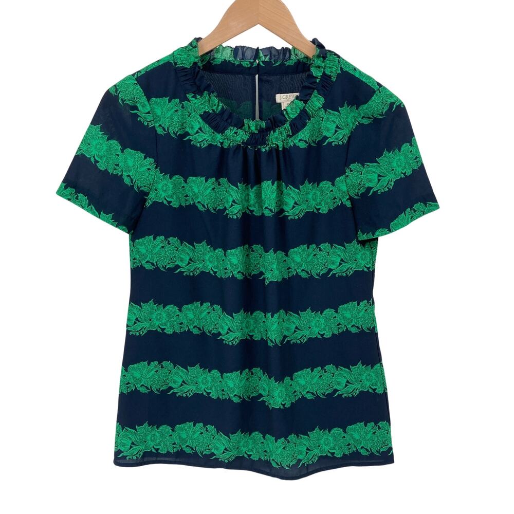 J Crew Womens 0 Navy Green Floral Stripe Ruffle Neck Short Sleeve Blouse Top